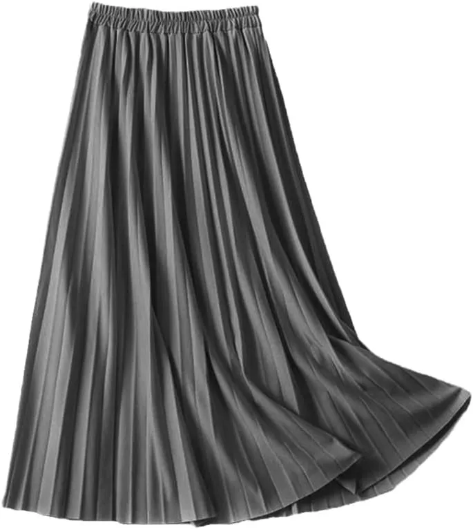 Jegsnoe Women's Pleated Midi Skirt Elastic High Waist Casual Long Preppy Maxi Skirt