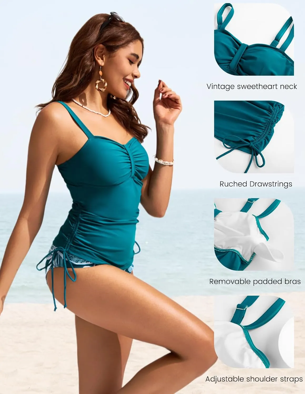 Kate Kasin Tankini Swimsuits for Women Tummy Control Bathing Suits Two Piece Ruched Drawstring Swimwear Swim Top with Bottom