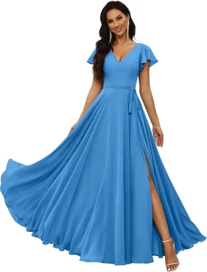 KDTM Flutter Sleeve Chiffon Bridesmaid Dresses for Women Long V Neck Formal Evening Gowns with Slit