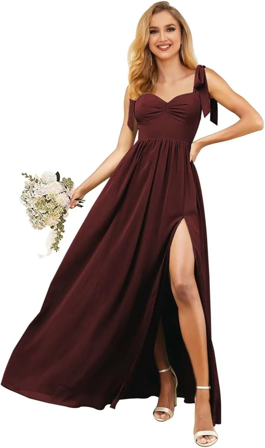 KDTM Tie-Strap Long Bridesmaid Dresses for Women A Line Chiffon Corest Formal Dress with Slit KD004