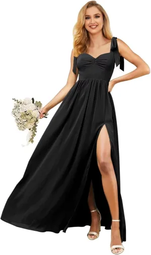 KDTM Tie-Strap Long Bridesmaid Dresses for Women A Line Chiffon Corest Formal Dress with Slit KD004