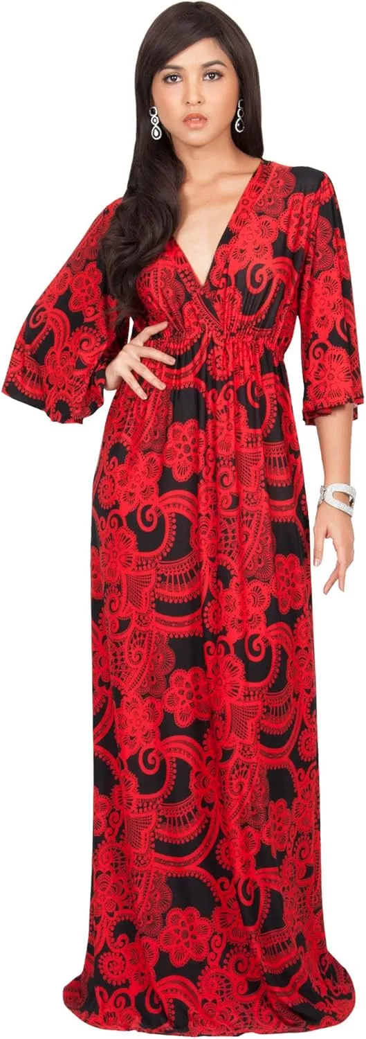 KOH KOH Womens Long Kimono Sleeves V-Neck Floral Print Flowy Summer Maxi Dress