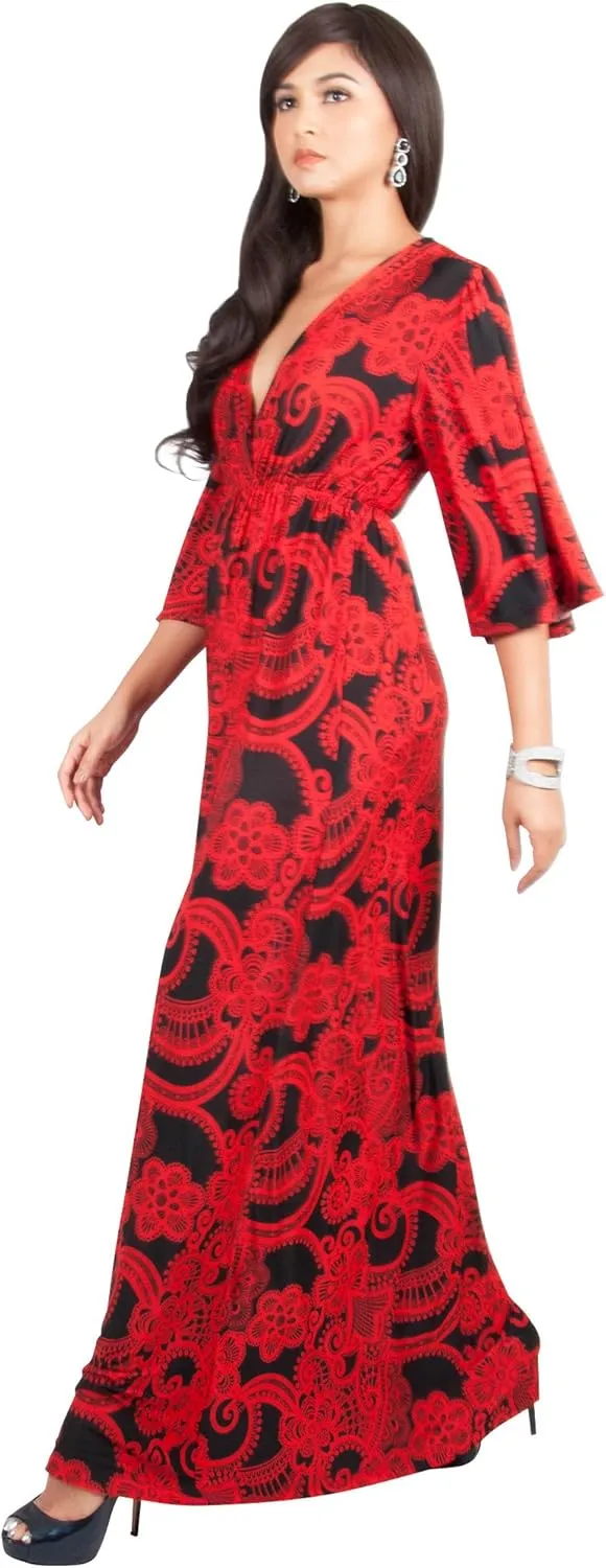 KOH KOH Womens Long Kimono Sleeves V-Neck Floral Print Flowy Summer Maxi Dress