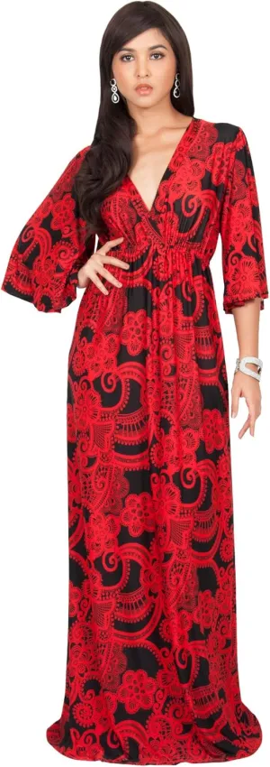 KOH KOH Womens Long Kimono Sleeves V-Neck Floral Print Flowy Summer Maxi Dress