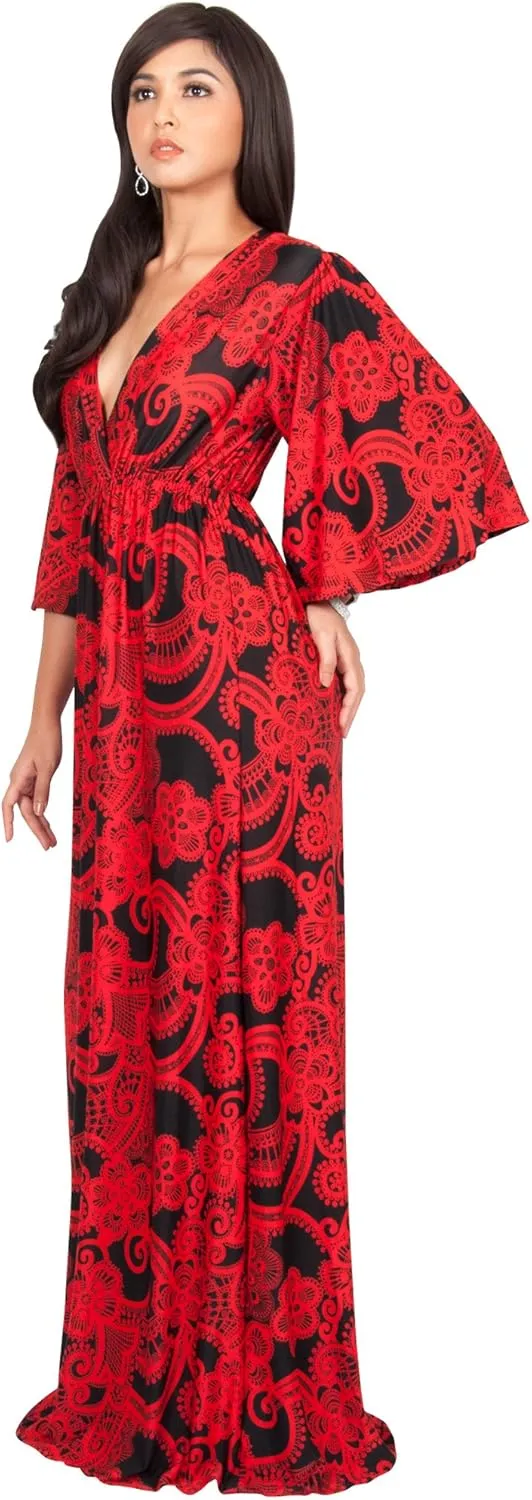 KOH KOH Womens Long Kimono Sleeves V-Neck Floral Print Flowy Summer Maxi Dress