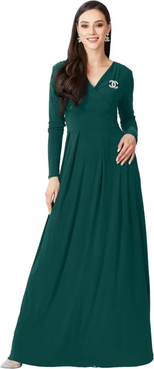 KOH KOH Womens Long V-Neck Full Sleeve Semi Formal Flowy Evening Cute Maxi Dress