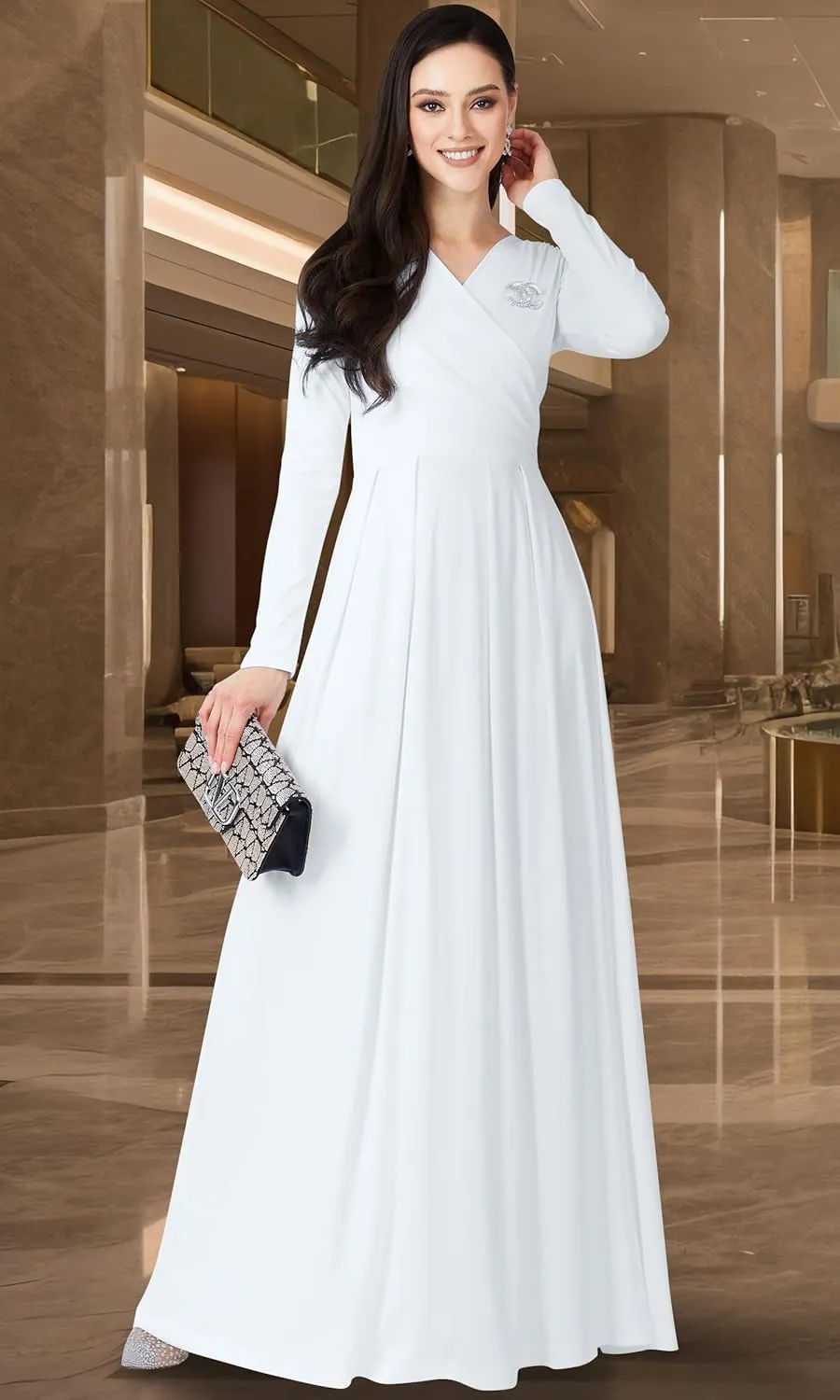 KOH KOH Womens Long V-Neck Full Sleeve Semi Formal Flowy Evening Cute Maxi Dress