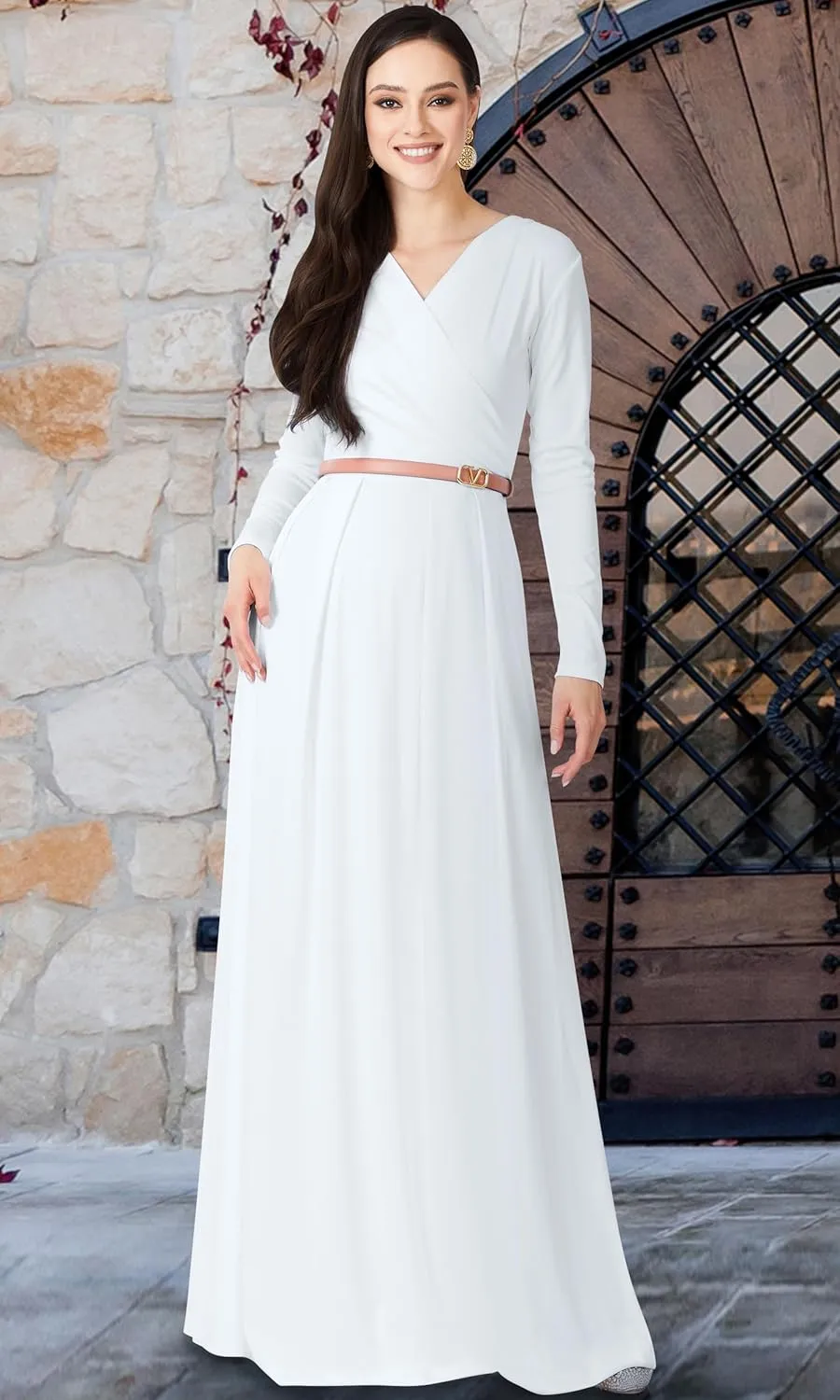 KOH KOH Womens Long V-Neck Full Sleeve Semi Formal Flowy Evening Cute Maxi Dress