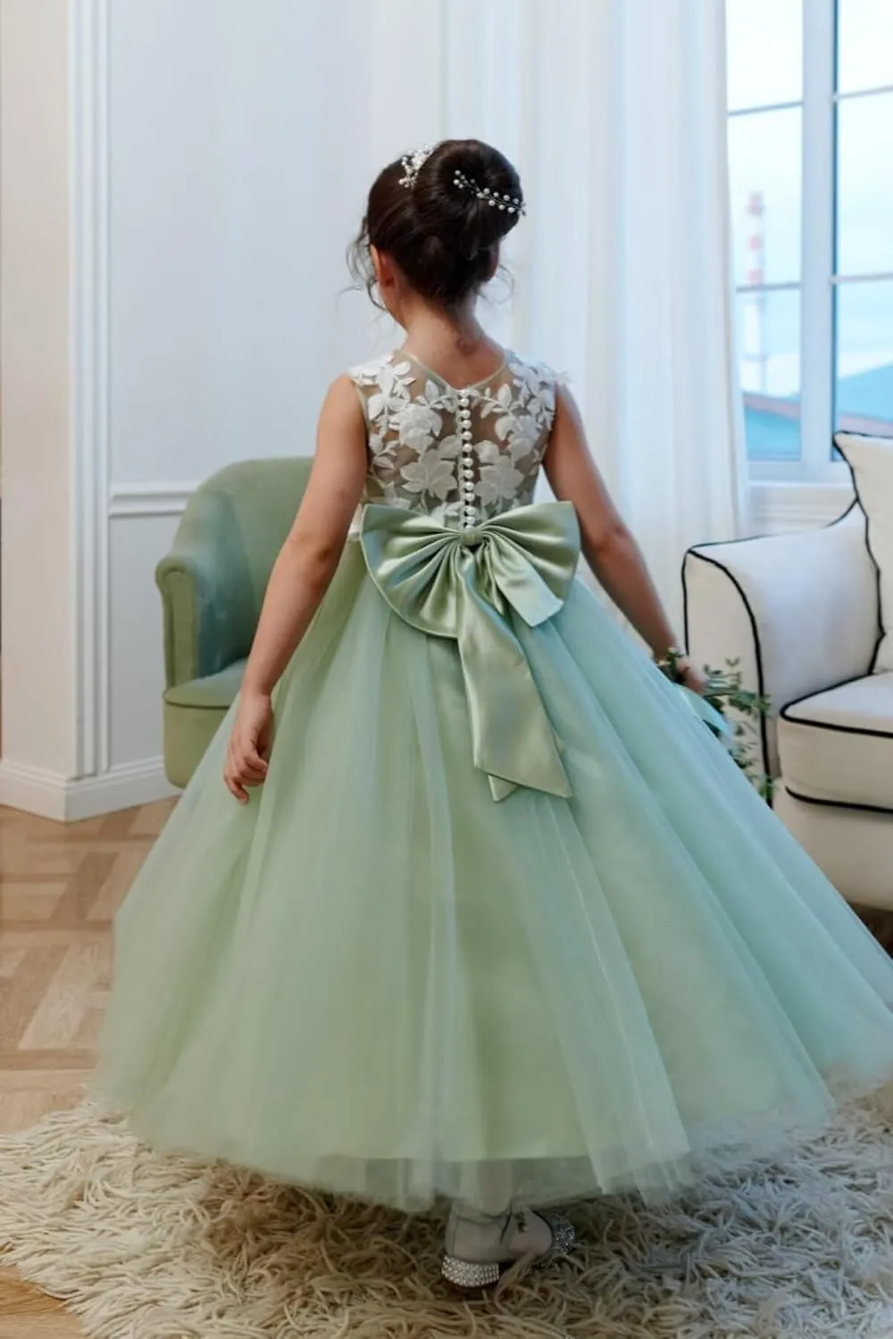Lace Applique Tulle Flower Girl Dress for Wedding Bridesmaid First Communion Dresses Princess Pageant Party Gown