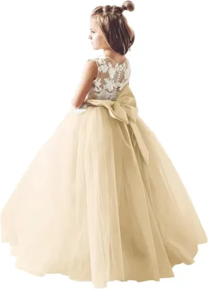 Lace Applique Tulle Flower Girl Dress for Wedding Bridesmaid First Communion Dresses Princess Pageant Party Gown