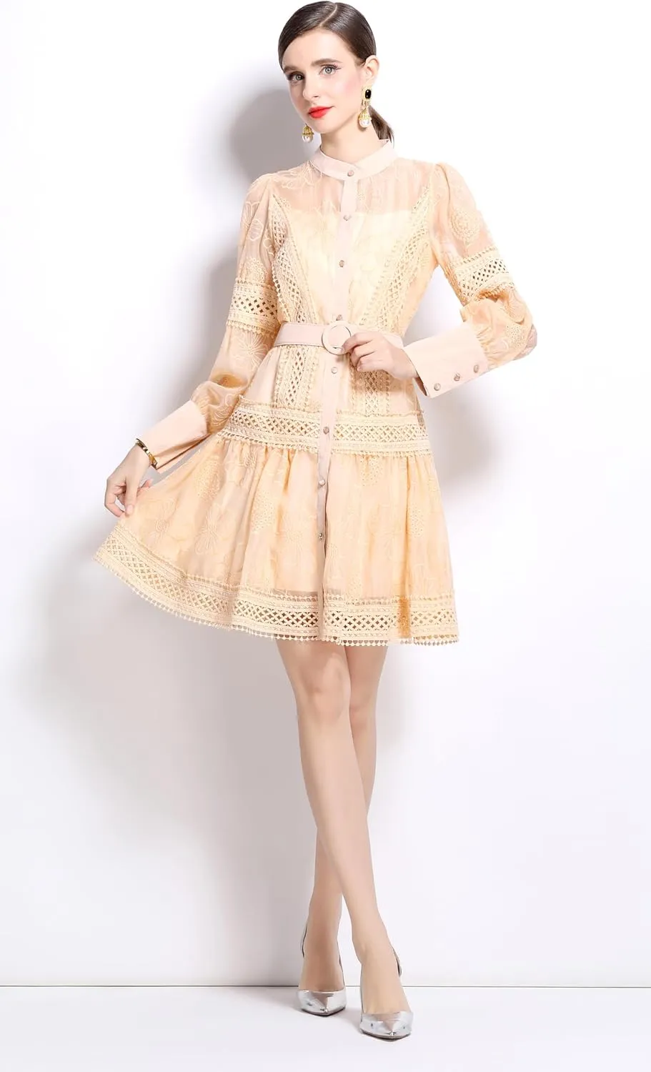 LAI MENG FIVE CATS Women's Hollow Out Floral Print Lantern Sleeve Button Casual Mini Dress