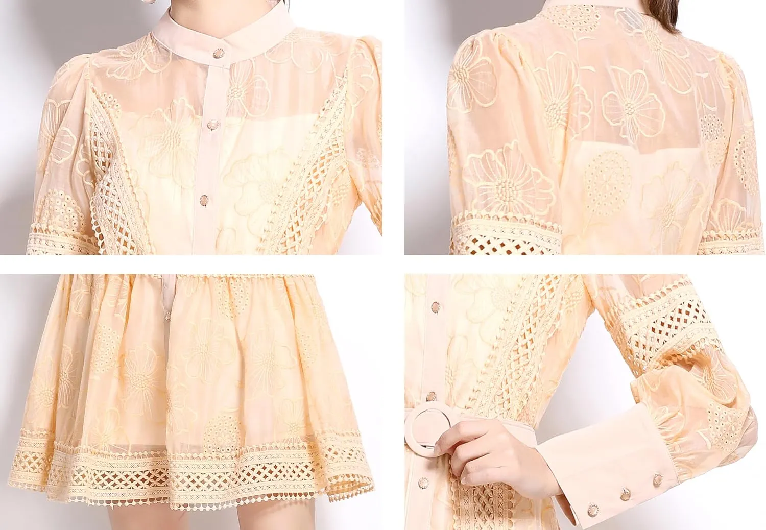 LAI MENG FIVE CATS Women's Hollow Out Floral Print Lantern Sleeve Button Casual Mini Dress