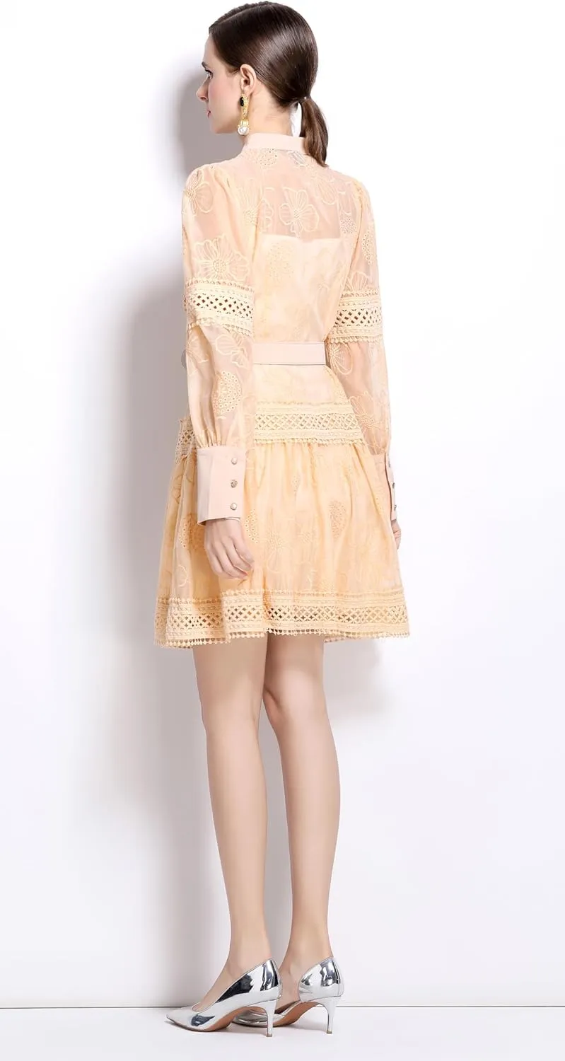 LAI MENG FIVE CATS Women's Hollow Out Floral Print Lantern Sleeve Button Casual Mini Dress