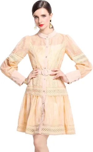 LAI MENG FIVE CATS Women's Hollow Out Floral Print Lantern Sleeve Button Casual Mini Dress