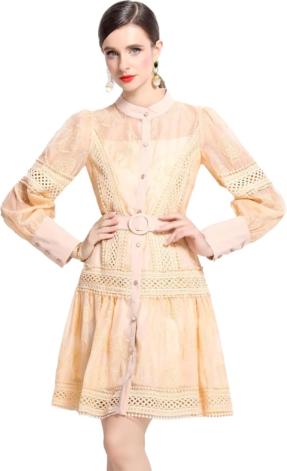 LAI MENG FIVE CATS Women's Hollow Out Floral Print Lantern Sleeve Button Casual Mini Dress