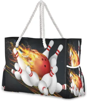 Large Beach Bag Tote, Sport Ball Red Bowling Fire Beach Bags Waterproof Large Pool Bag Shoulder Travel Tote Bags With Zipper for Women Gym