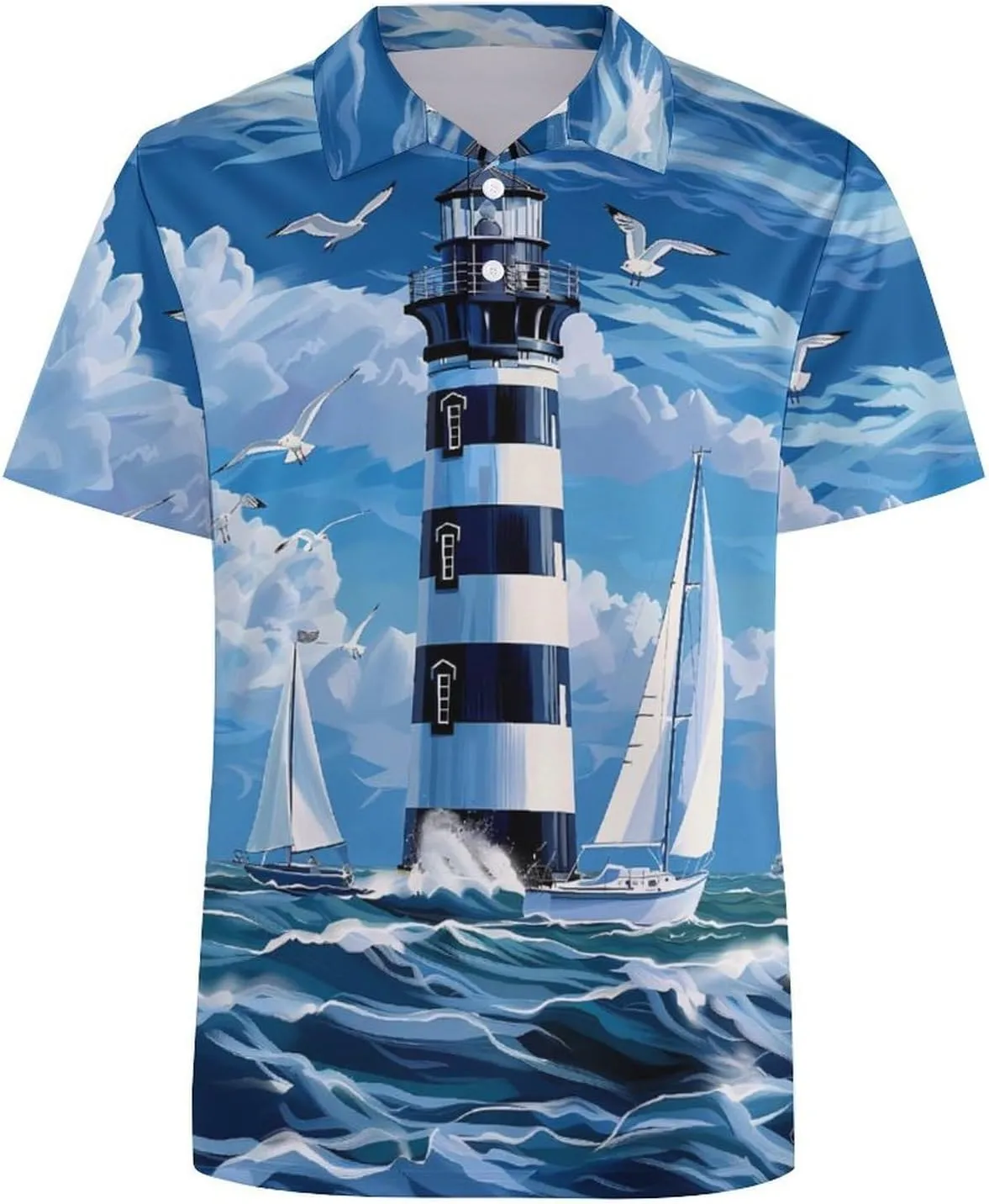 Lighthouse Sailboat Ocean Mens Polo Shirts Quick Dry Short Sleeve Golf Slim Fit T Shirt