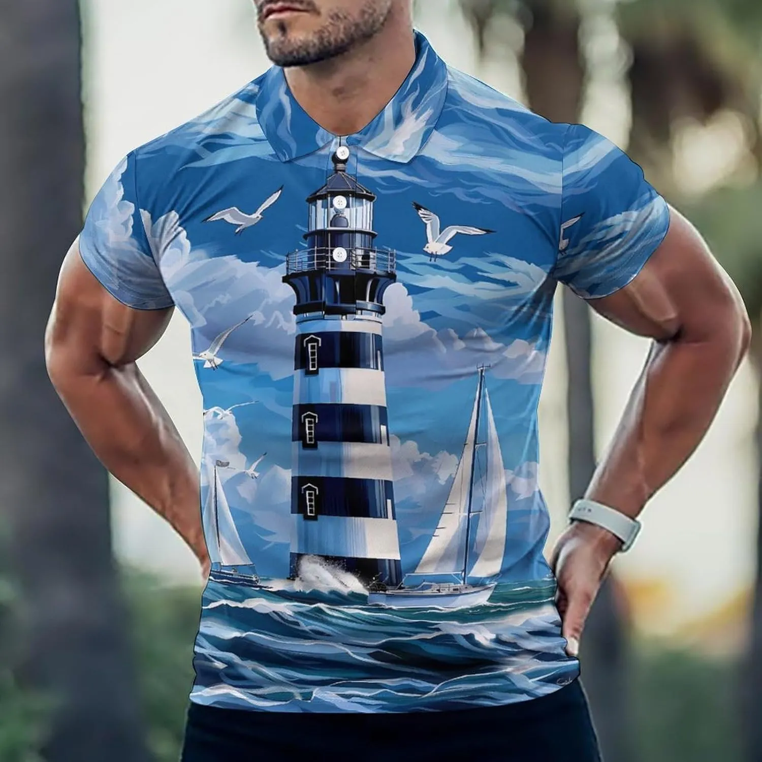 Lighthouse Sailboat Ocean Mens Polo Shirts Quick Dry Short Sleeve Golf Slim Fit T Shirt