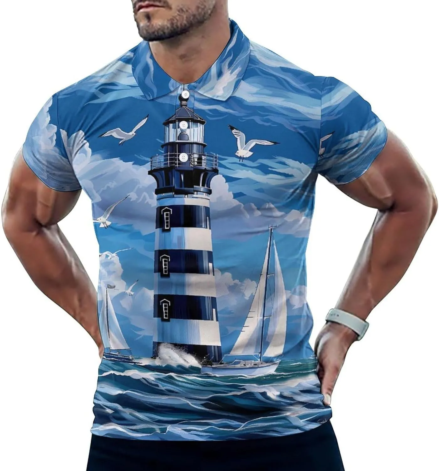 Lighthouse Sailboat Ocean Mens Polo Shirts Quick Dry Short Sleeve Golf Slim Fit T Shirt