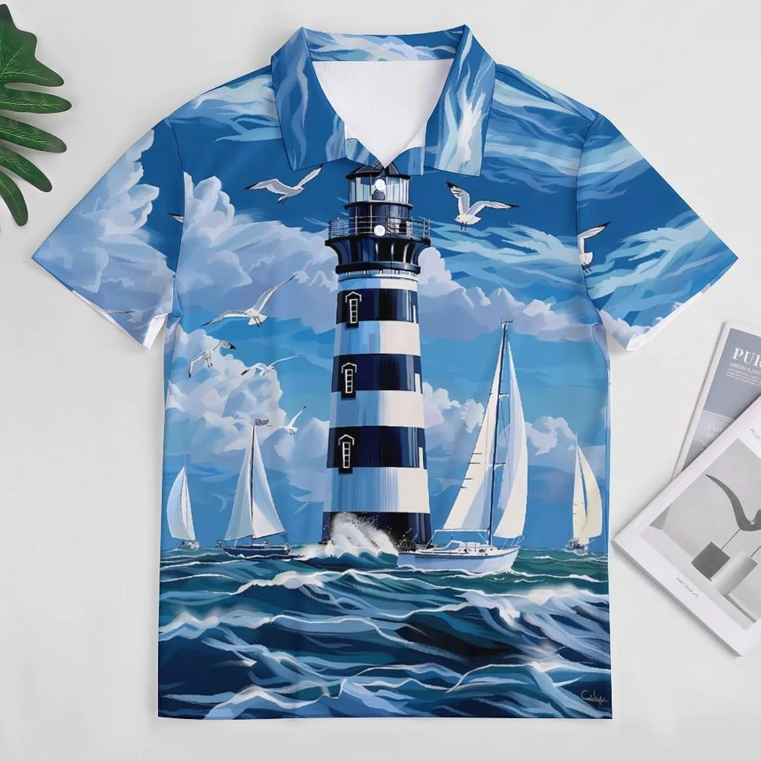 Lighthouse Sailboat Ocean Mens Polo Shirts Quick Dry Short Sleeve Golf Slim Fit T Shirt