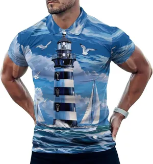 Lighthouse Sailboat Ocean Mens Polo Shirts Quick Dry Short Sleeve Golf Slim Fit T Shirt