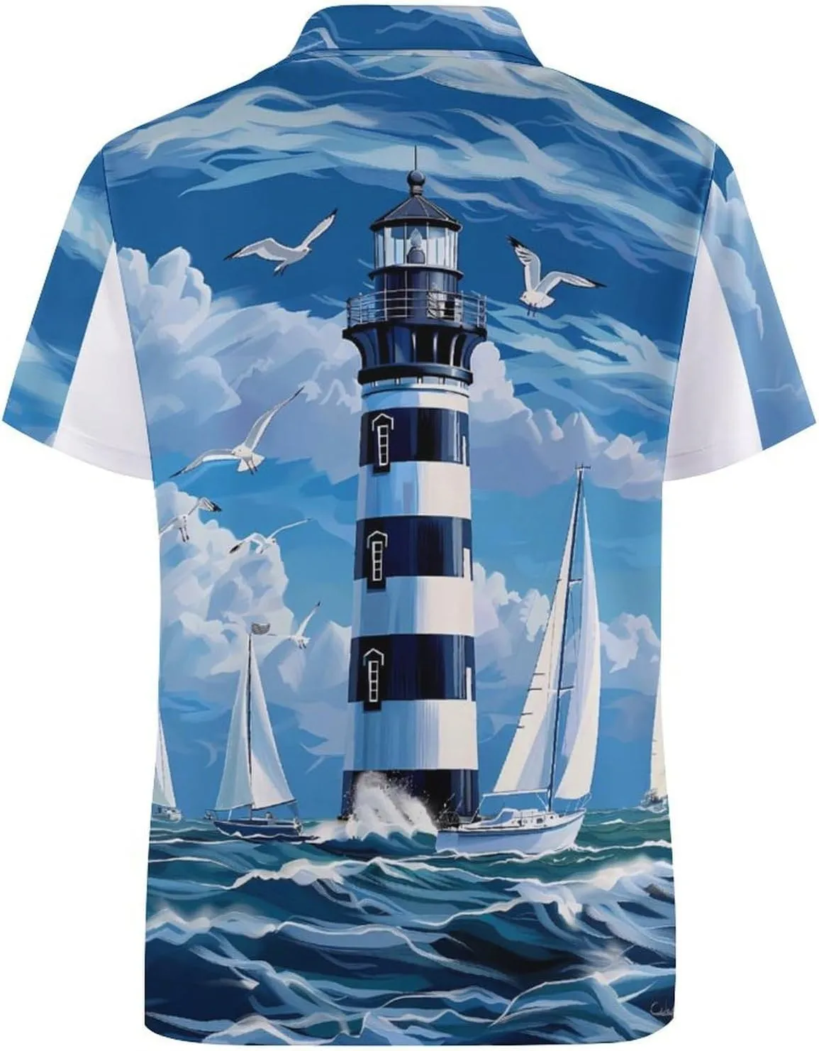 Lighthouse Sailboat Ocean Mens Polo Shirts Quick Dry Short Sleeve Golf Slim Fit T Shirt