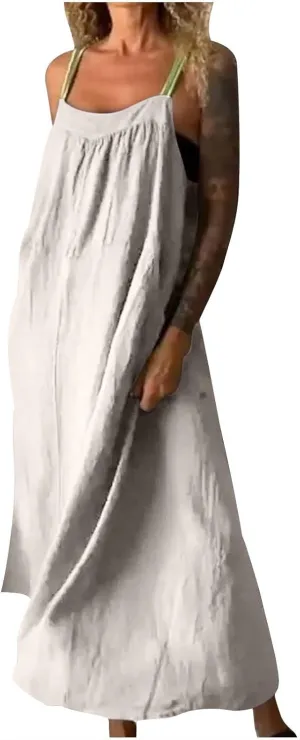 Linen Dress Women Summer Spaghetti Straps Sleeveless Maxi Long Flowy Dress Solid Color Cover Up Loose Beach Dress