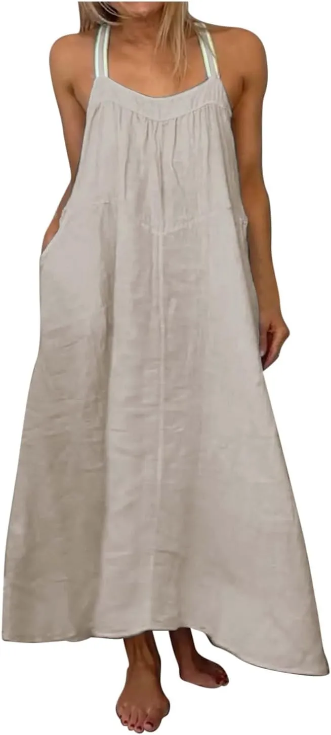 Linen Dress Women Summer Spaghetti Straps Sleeveless Maxi Long Flowy Dress Solid Color Cover Up Loose Beach Dress