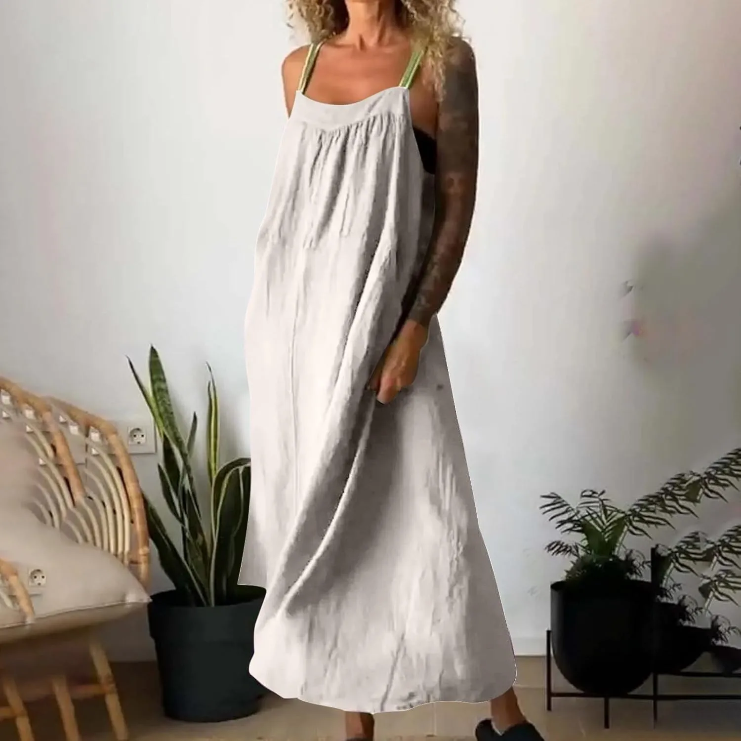 Linen Dress Women Summer Spaghetti Straps Sleeveless Maxi Long Flowy Dress Solid Color Cover Up Loose Beach Dress