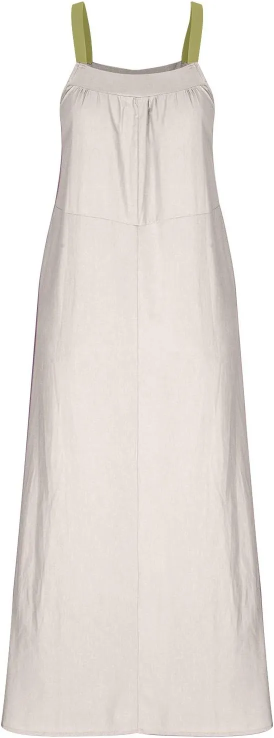 Linen Dress Women Summer Spaghetti Straps Sleeveless Maxi Long Flowy Dress Solid Color Cover Up Loose Beach Dress