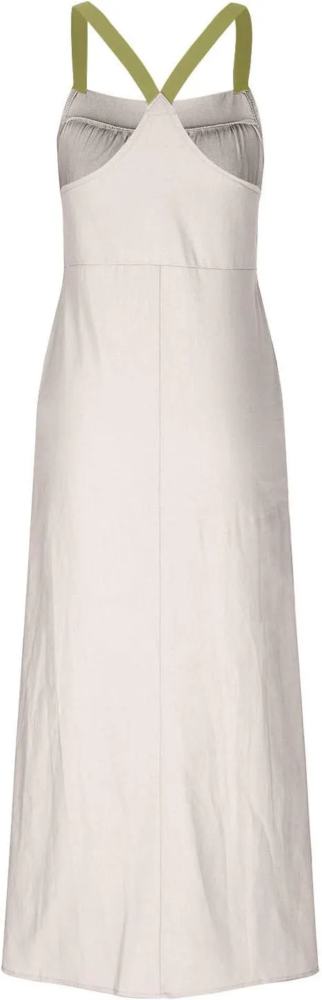 Linen Dress Women Summer Spaghetti Straps Sleeveless Maxi Long Flowy Dress Solid Color Cover Up Loose Beach Dress