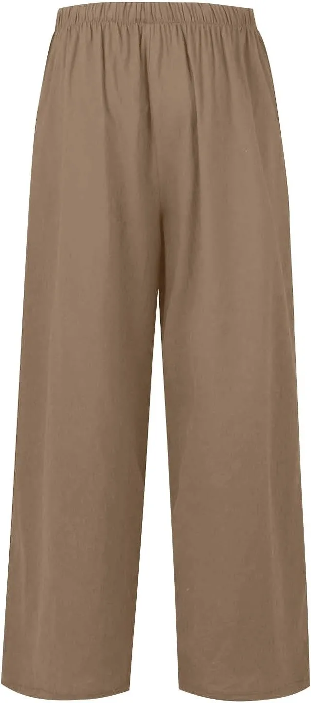 Linen Pants Women Drawstring High Waist Wide Leg Pants Long Palazzo Gauze Pant with Pockets Beach Travel Vacation Outfits