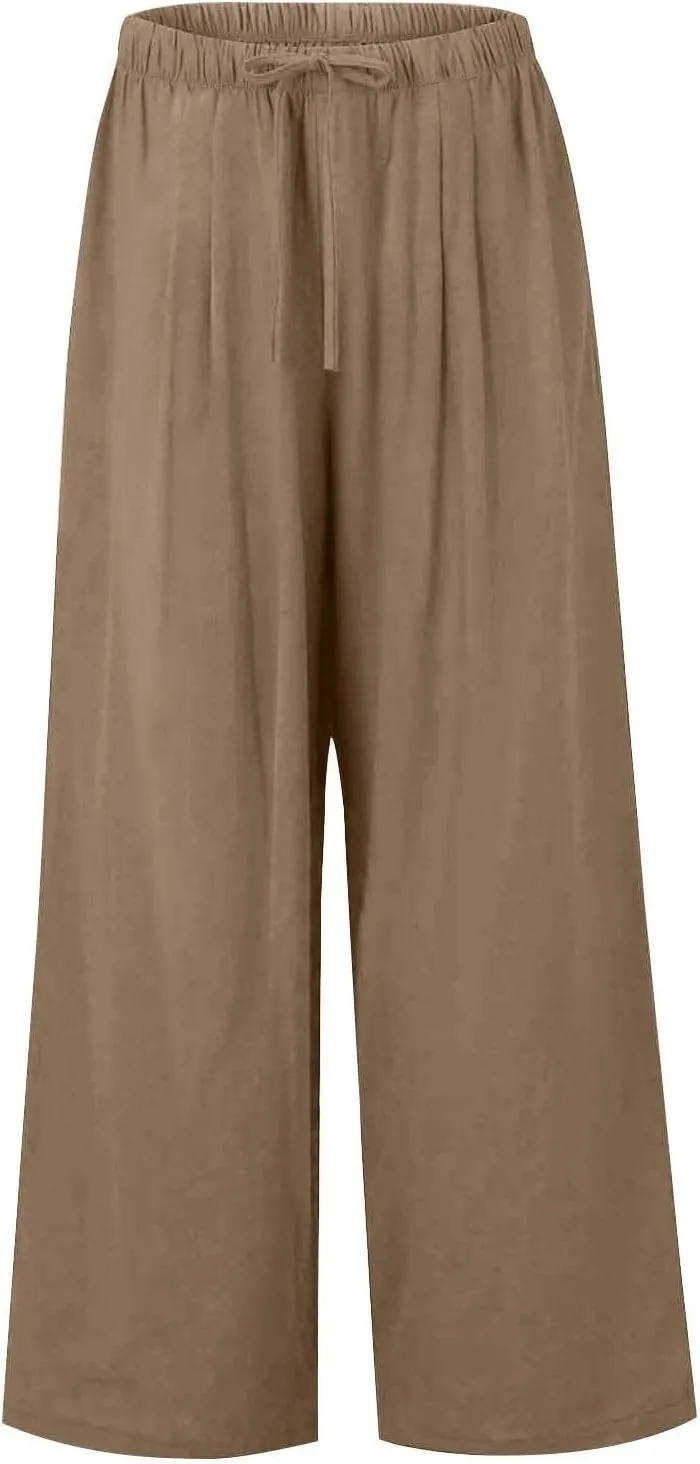 Linen Pants Women Drawstring High Waist Wide Leg Pants Long Palazzo Gauze Pant with Pockets Beach Travel Vacation Outfits