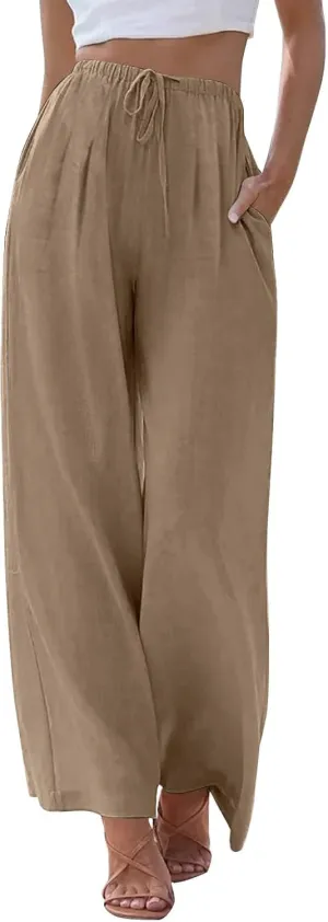 Linen Pants Women Drawstring High Waist Wide Leg Pants Long Palazzo Gauze Pant with Pockets Beach Travel Vacation Outfits