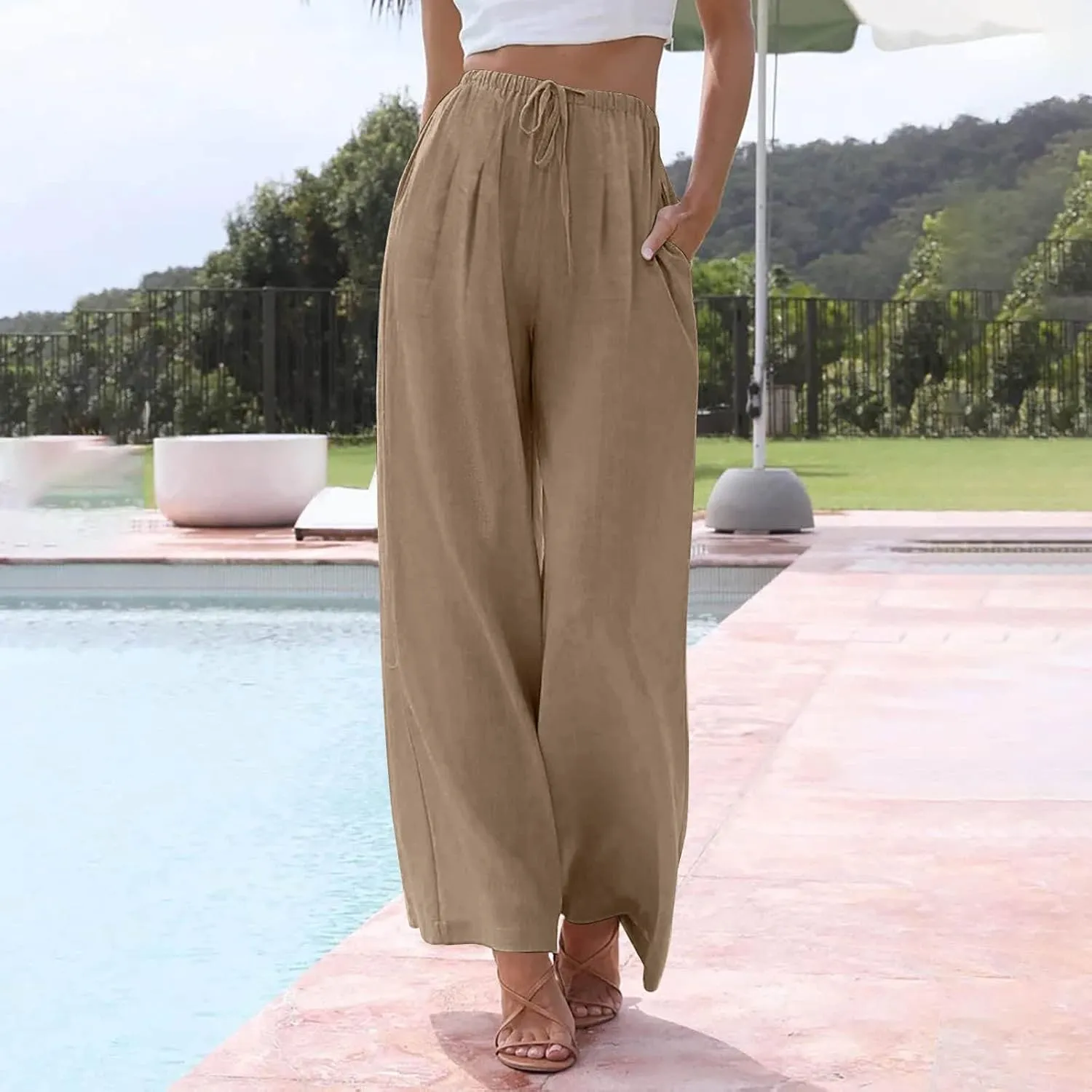 Linen Pants Women Drawstring High Waist Wide Leg Pants Long Palazzo Gauze Pant with Pockets Beach Travel Vacation Outfits