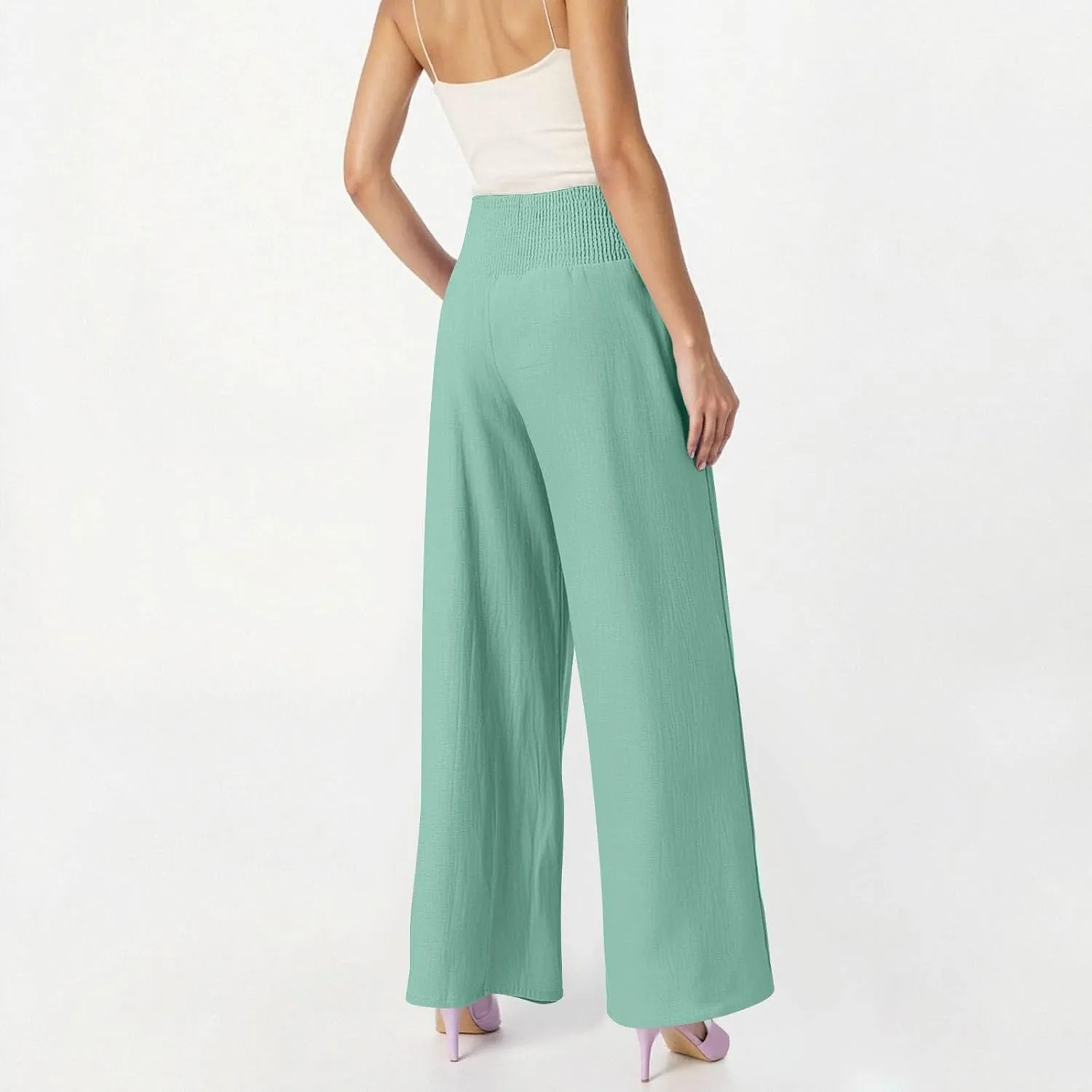 Linen Pants Women Summer High Waisted Palazzo Pants Pleated Lounge Pant Baggy Flowy Trousers with Pockets (S-XXL)
