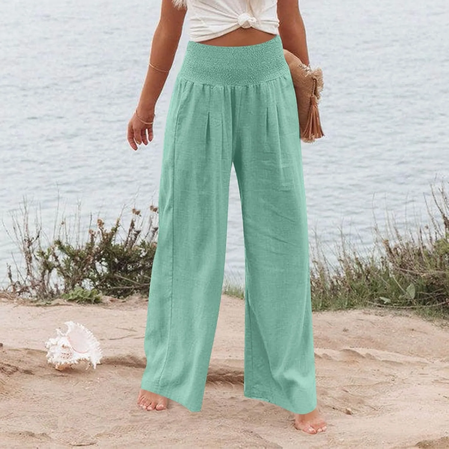Linen Pants Women Summer High Waisted Palazzo Pants Pleated Lounge Pant Baggy Flowy Trousers with Pockets (S-XXL)