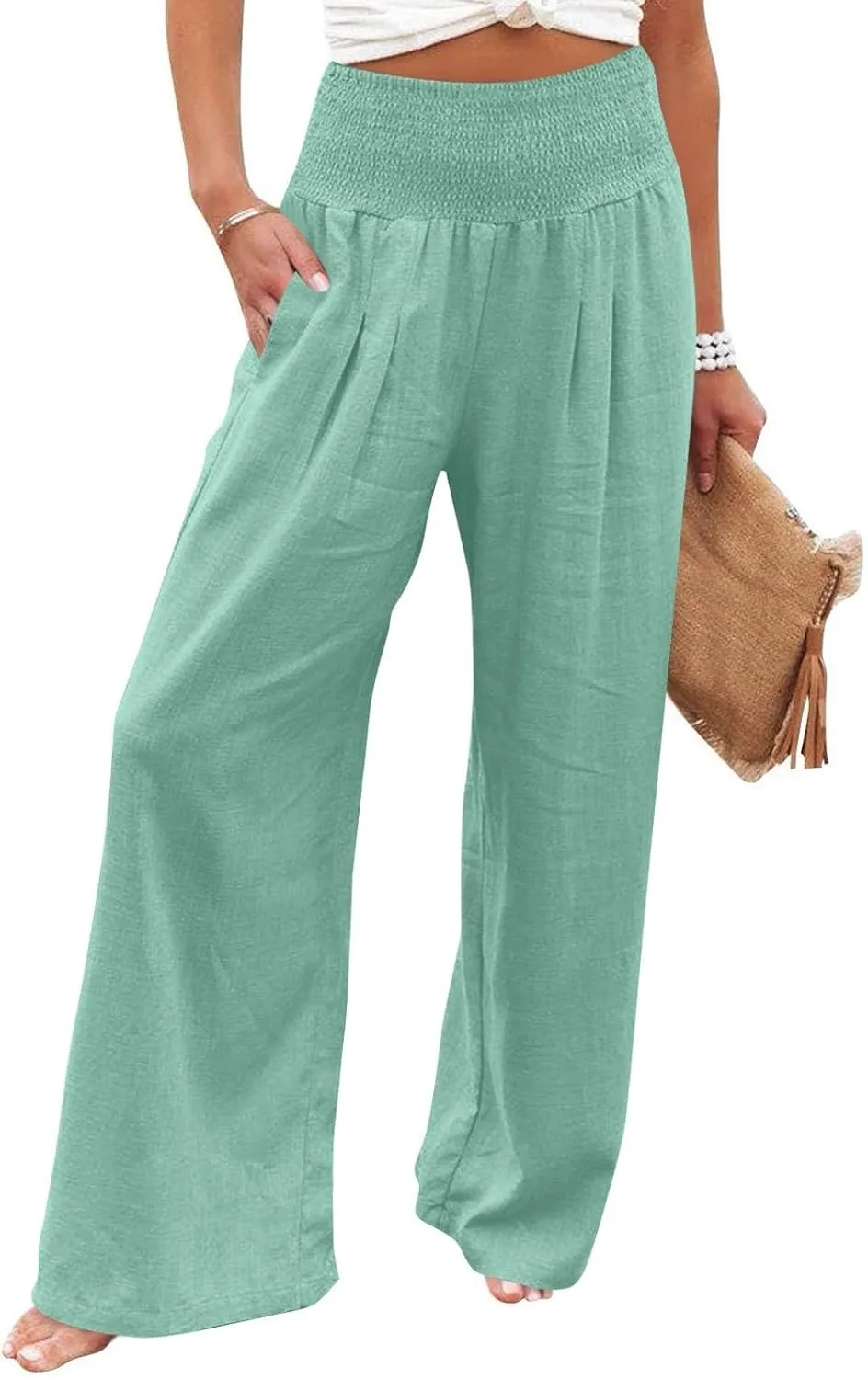 Linen Pants Women Summer High Waisted Palazzo Pants Pleated Lounge Pant Baggy Flowy Trousers with Pockets (S-XXL)