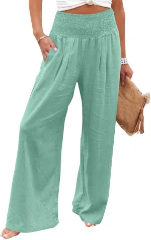 Linen Pants Women Summer High Waisted Palazzo Pants Pleated Lounge Pant Baggy Flowy Trousers with Pockets (S-XXL)