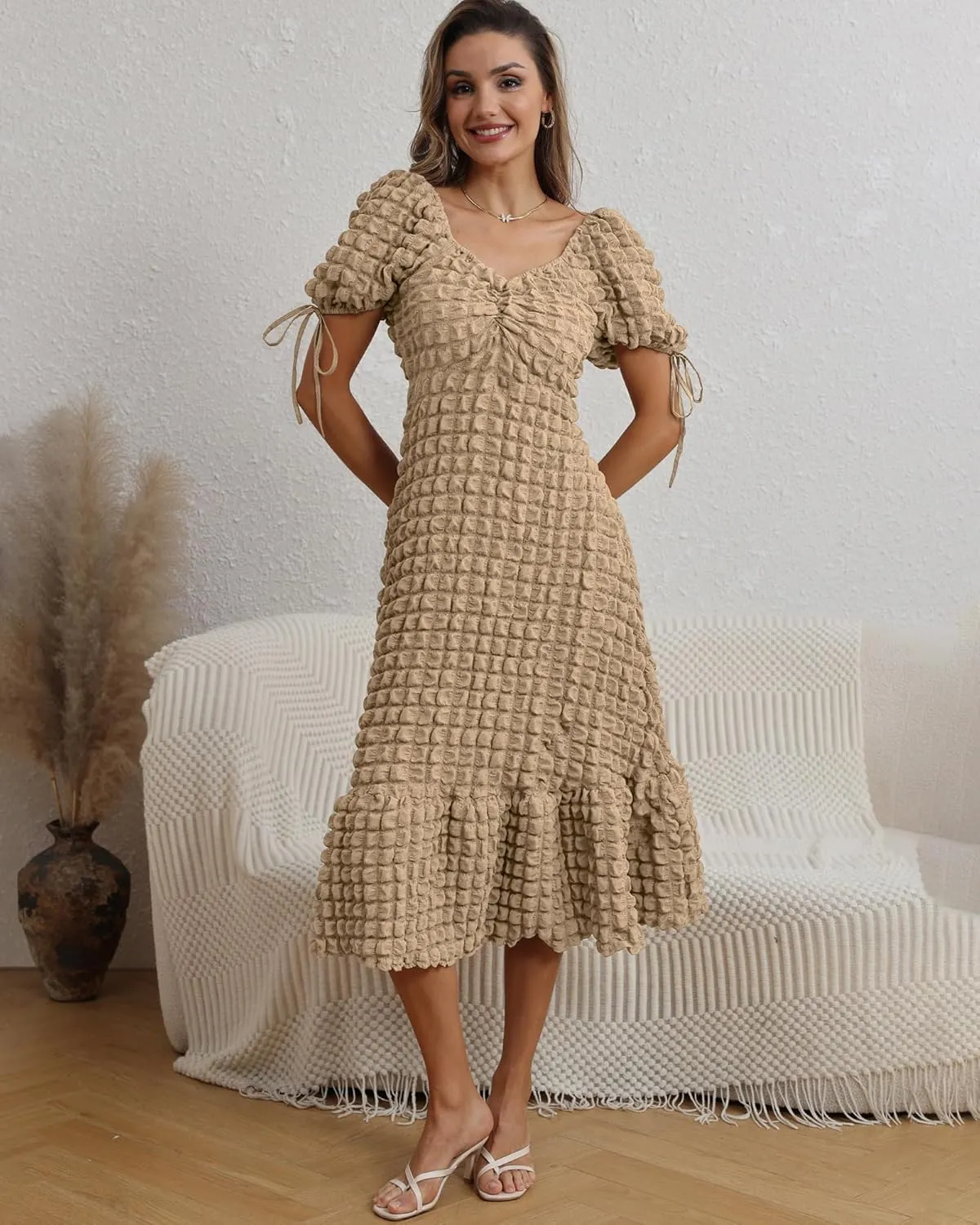 Locachy Womens Casual Summer Dresses 2024 Boho Short Sleeve V Neck Sundresses Backless Long Textured Maxi Dress