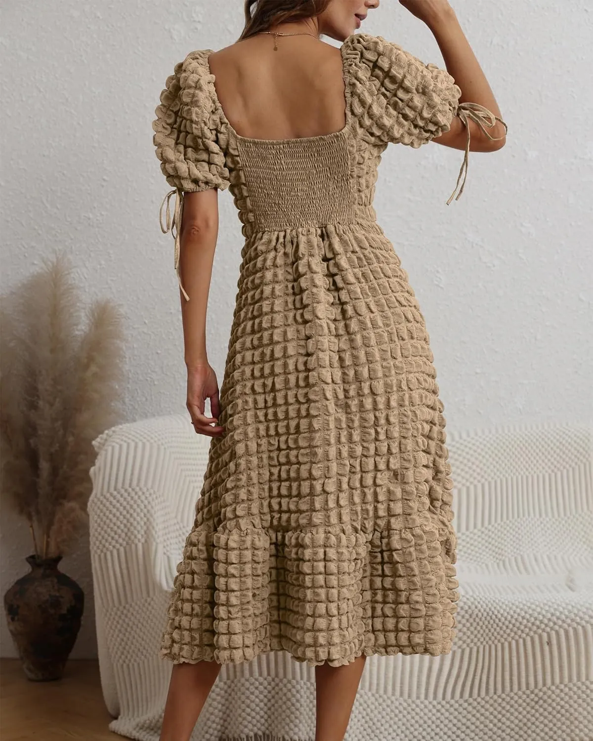 Locachy Womens Casual Summer Dresses 2024 Boho Short Sleeve V Neck Sundresses Backless Long Textured Maxi Dress