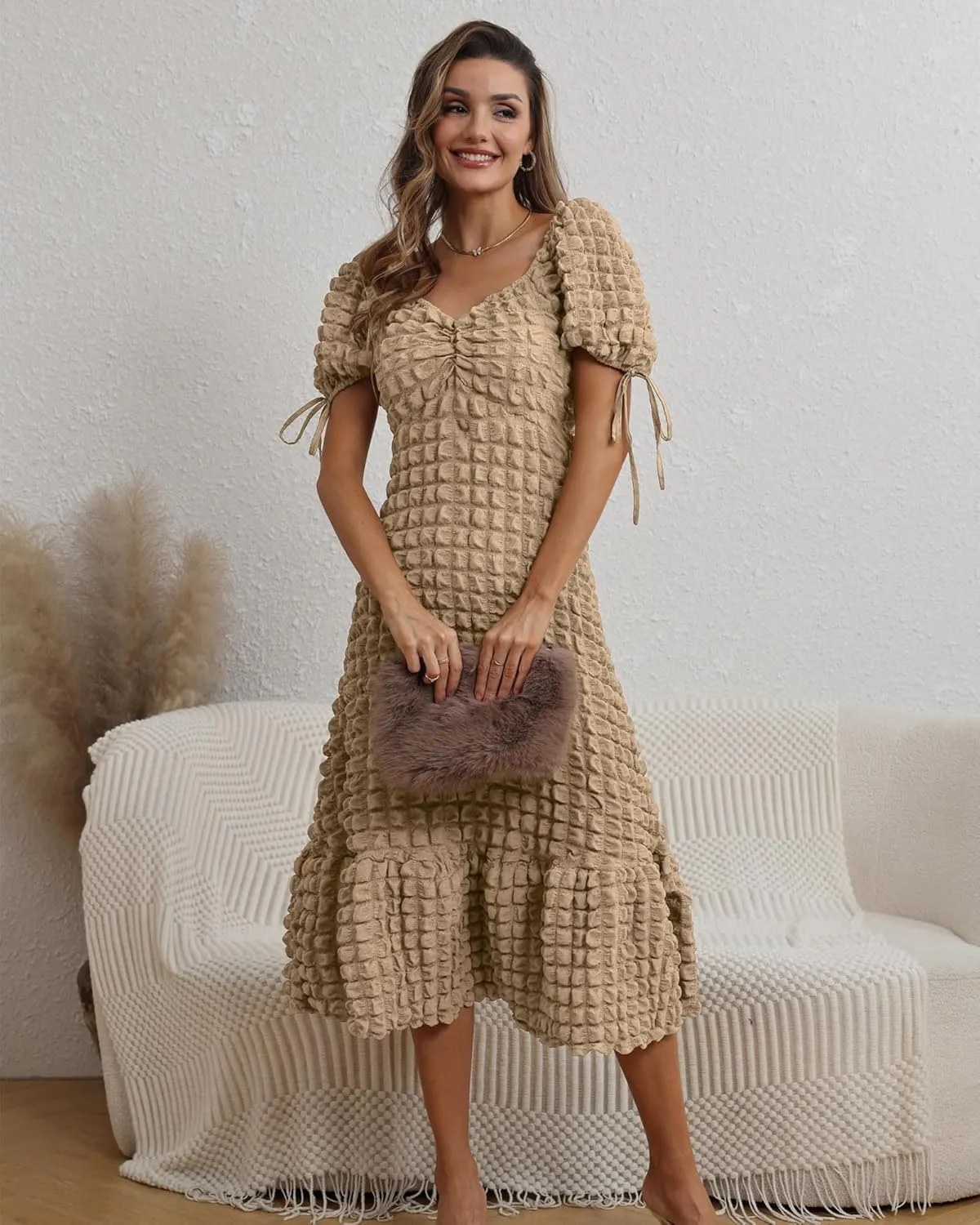 Locachy Womens Casual Summer Dresses 2024 Boho Short Sleeve V Neck Sundresses Backless Long Textured Maxi Dress