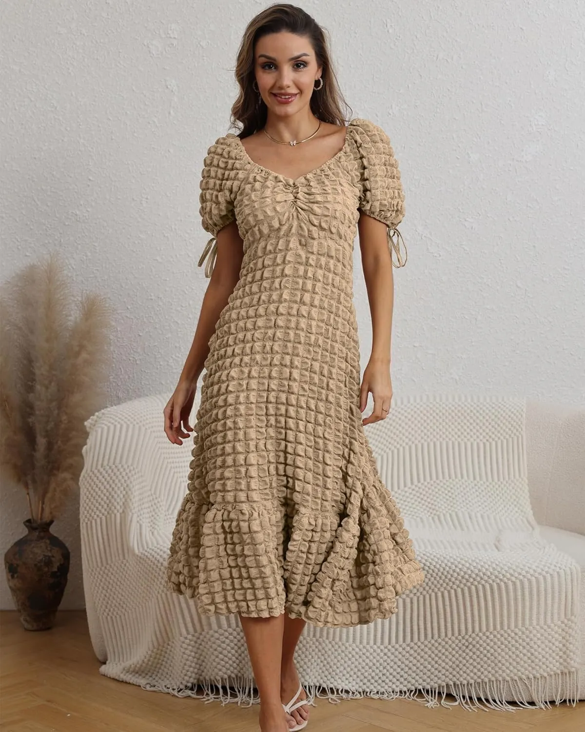Locachy Womens Casual Summer Dresses 2024 Boho Short Sleeve V Neck Sundresses Backless Long Textured Maxi Dress
