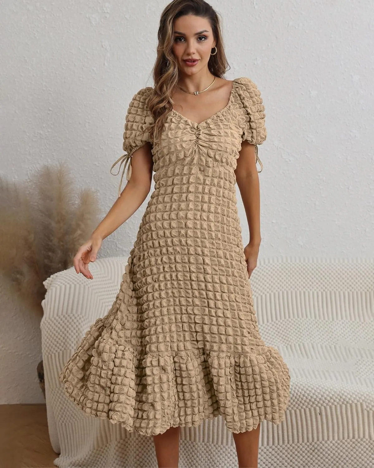 Locachy Womens Casual Summer Dresses 2024 Boho Short Sleeve V Neck Sundresses Backless Long Textured Maxi Dress
