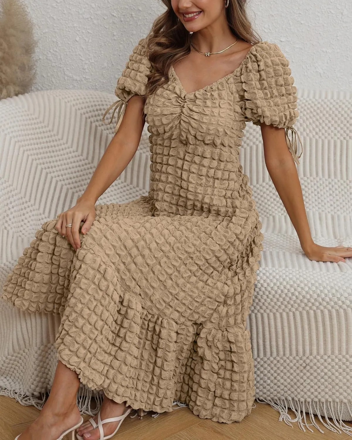Locachy Womens Casual Summer Dresses 2024 Boho Short Sleeve V Neck Sundresses Backless Long Textured Maxi Dress