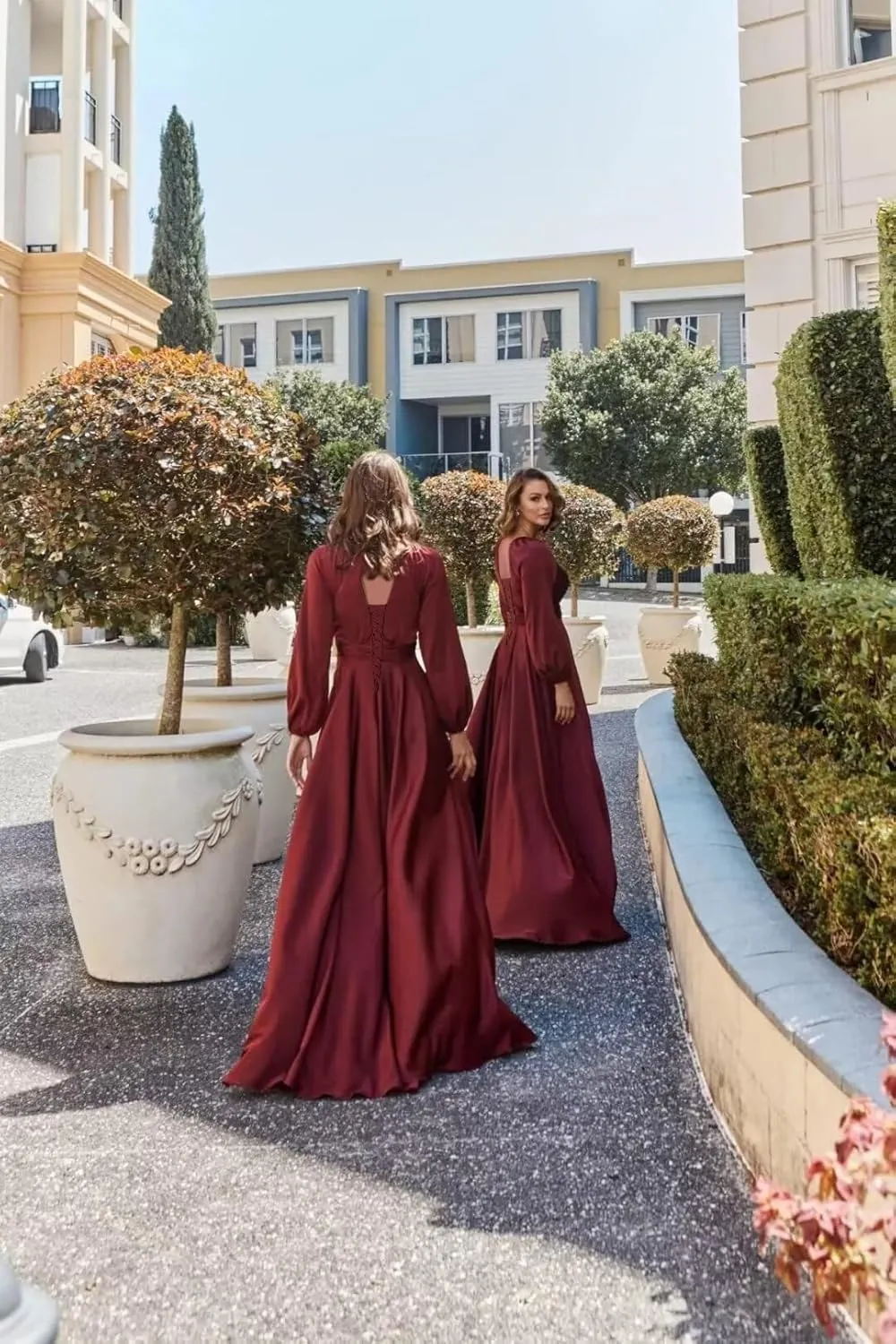 Long Sleeve Satin Bridesmaid Dresses A Line Prom Dress Split Pleated Formal Evening Dress with Pockets AP03