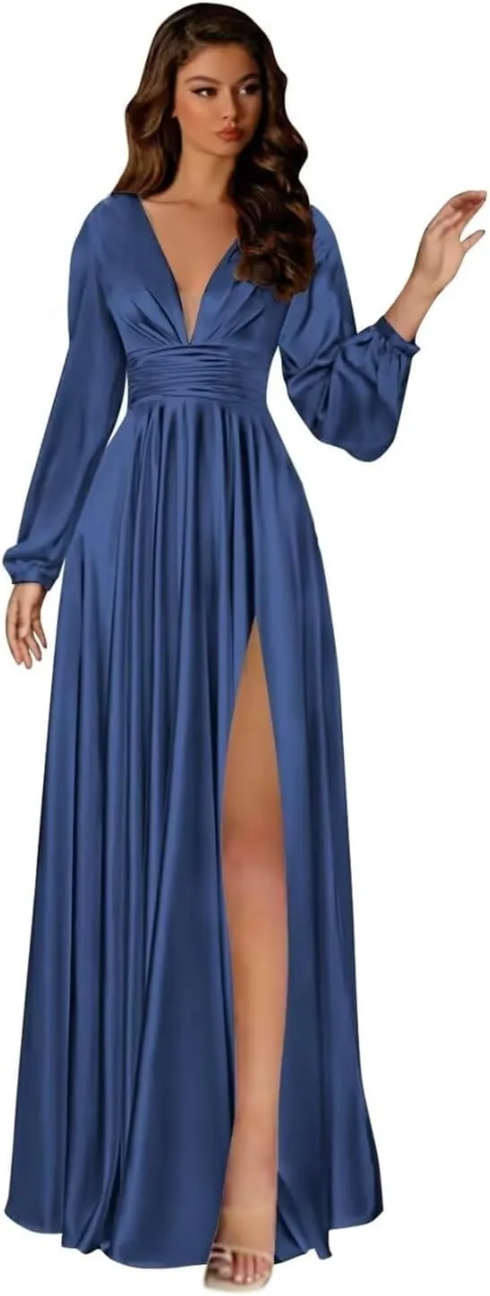 Long Sleeve Satin Bridesmaid Dresses A Line Prom Dress Split Pleated Formal Evening Dress with Pockets AP03