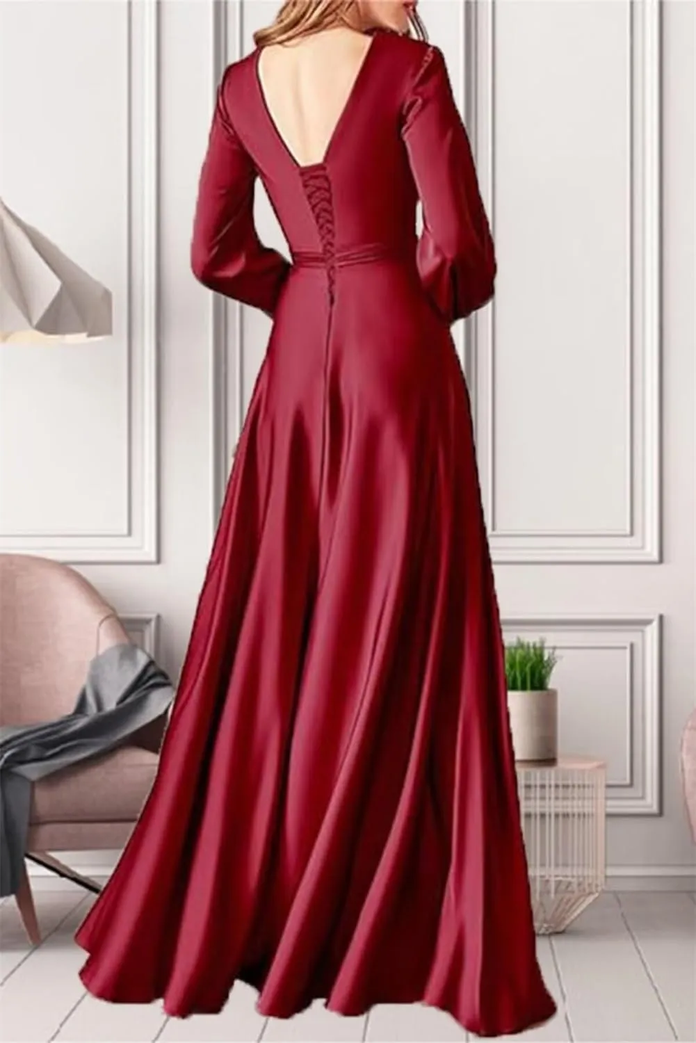 Long Sleeve Satin Bridesmaid Dresses A Line Prom Dress Split Pleated Formal Evening Dress with Pockets AP03