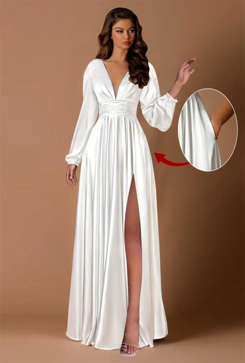 Long Sleeve Satin Bridesmaid Dresses A Line Prom Dress Split Pleated Formal Evening Dress with Pockets AP03