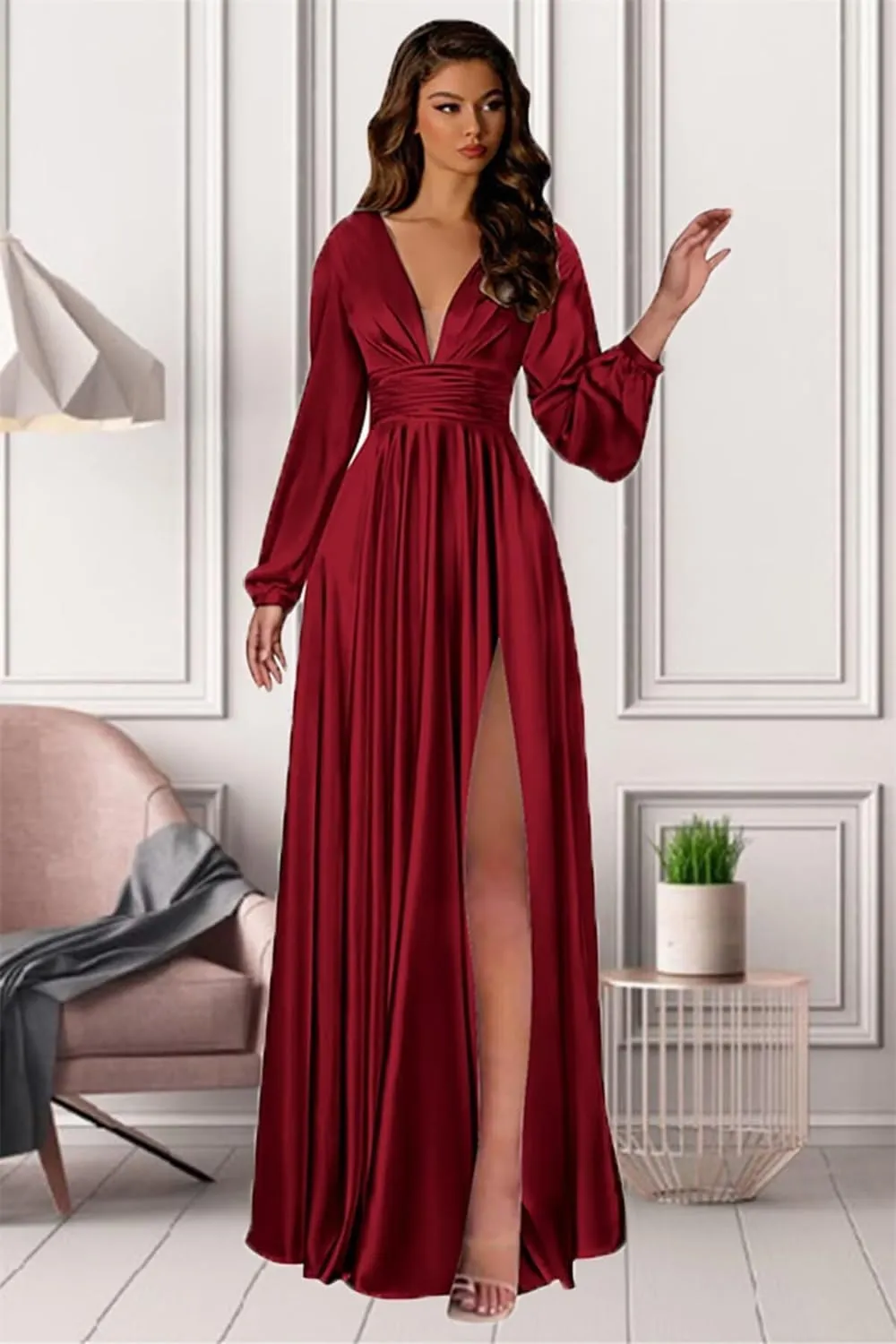 Long Sleeve Satin Bridesmaid Dresses A Line Prom Dress Split Pleated Formal Evening Dress with Pockets AP03